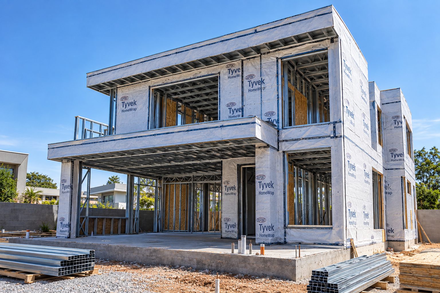 Estrutura em Steel Frame com painéis prontos para fechamento — conformidade com ABNT NBR 16970