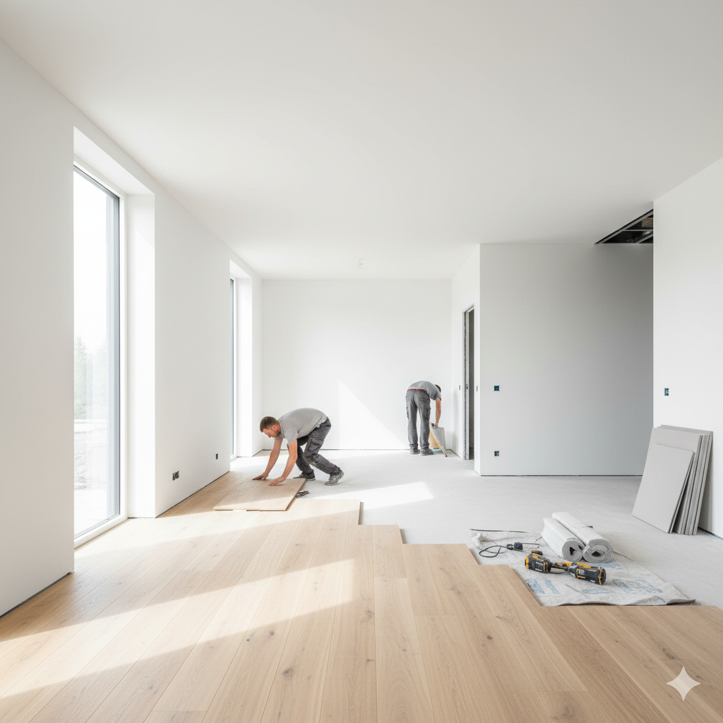 Acabamento interior de obra Steel Frame — piso sendo instalado