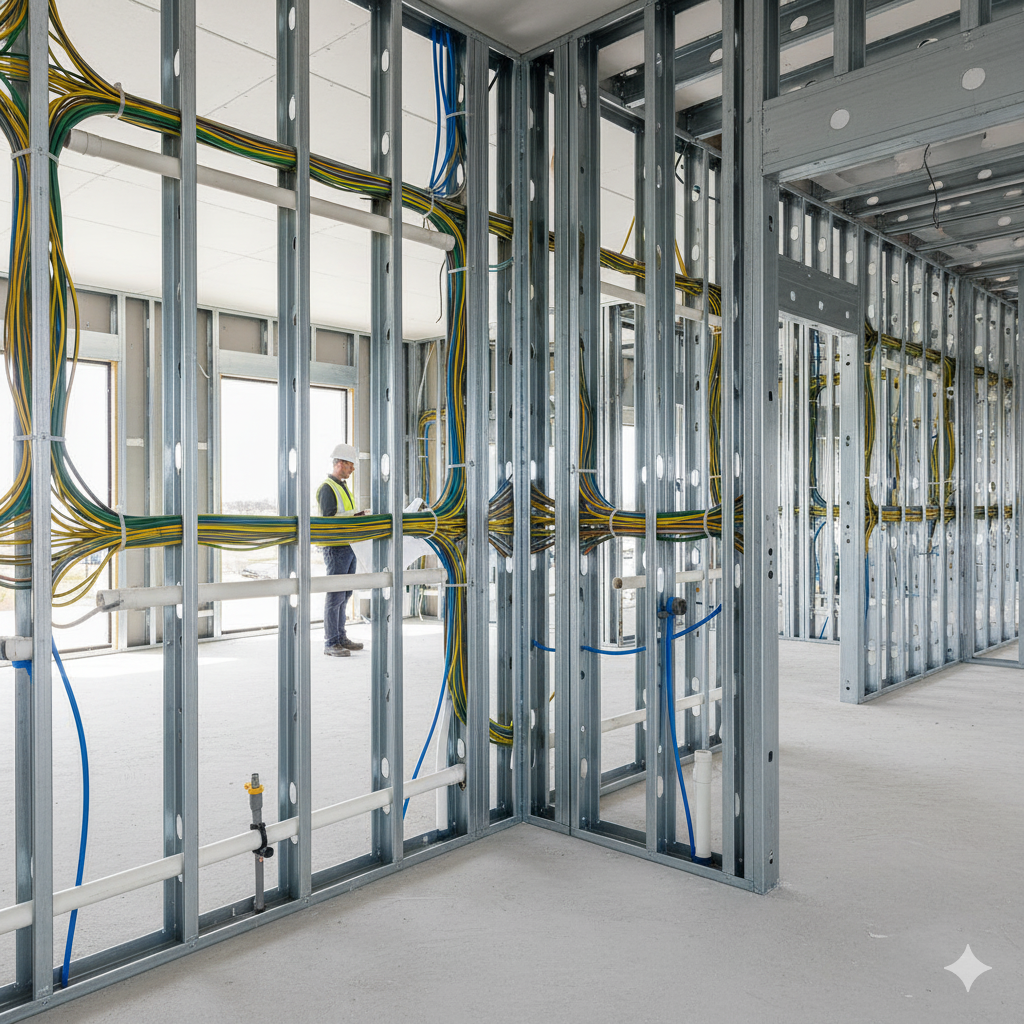 Instalações elétricas e hidráulicas passando pelos perfis Steel Frame