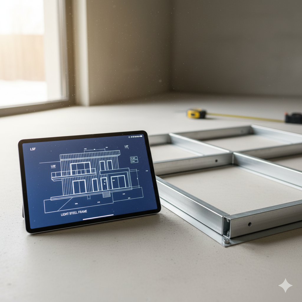 Tablet com projeto LSF ao lado de perfis de aço