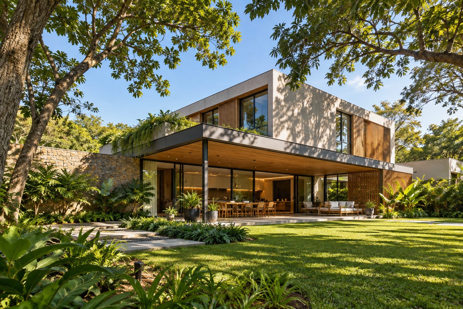 Construção em Steel Frame com vegetação ao redor — sustentabilidade e integração com o meio ambiente
